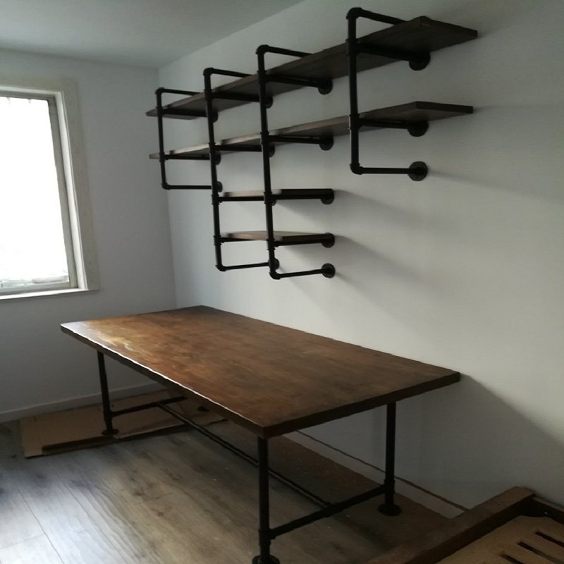 ins水管工业实木双人长书桌书架组合家用定制写字台办公桌电脑桌