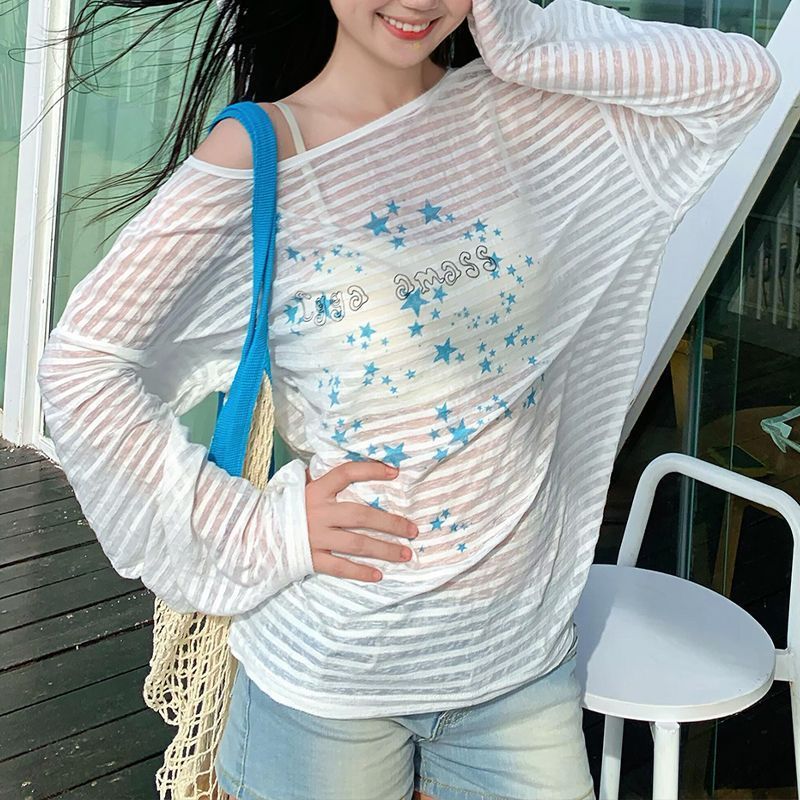 跨境新款星星印花条纹斜肩长袖T恤防晒夏季薄款辣妹中长款上衣女