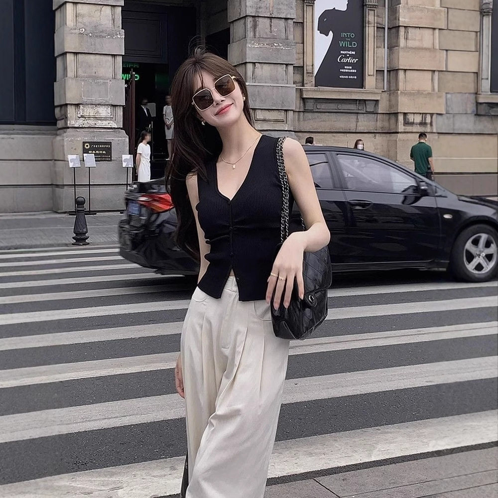 法式纯欲V领冰丝针织背心女夏外穿修身气质无袖坎肩t恤高级感上衣