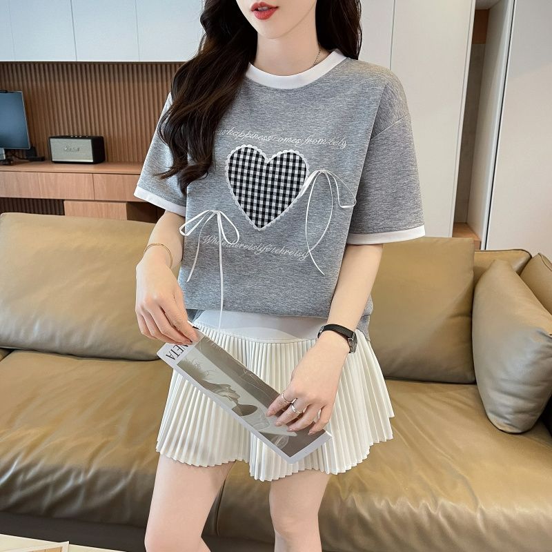 韩国爱心a字母t恤女2026夏季修身短款学院风波点圆领短袖上衣女潮