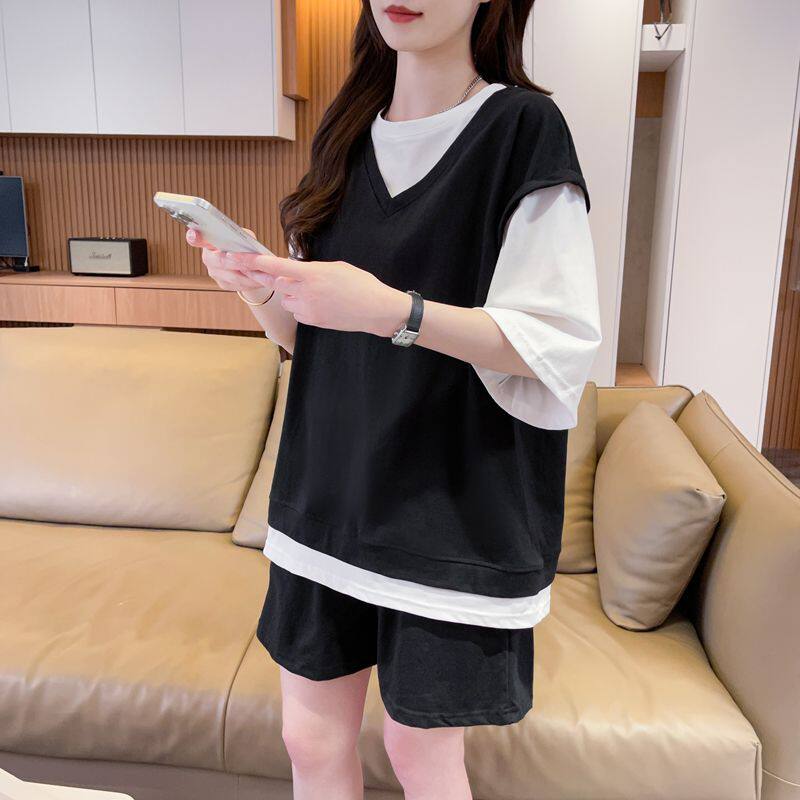 纯棉套装女装小个子大码高级感夏季短袖短裤时尚运动两件套女