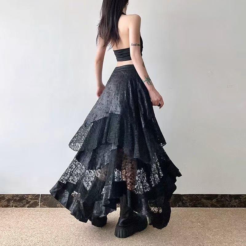 暗黑风辣妹蕾丝拼接半身裙子不规则高腰过膝长裙夜店鱼尾蛋糕裙潮