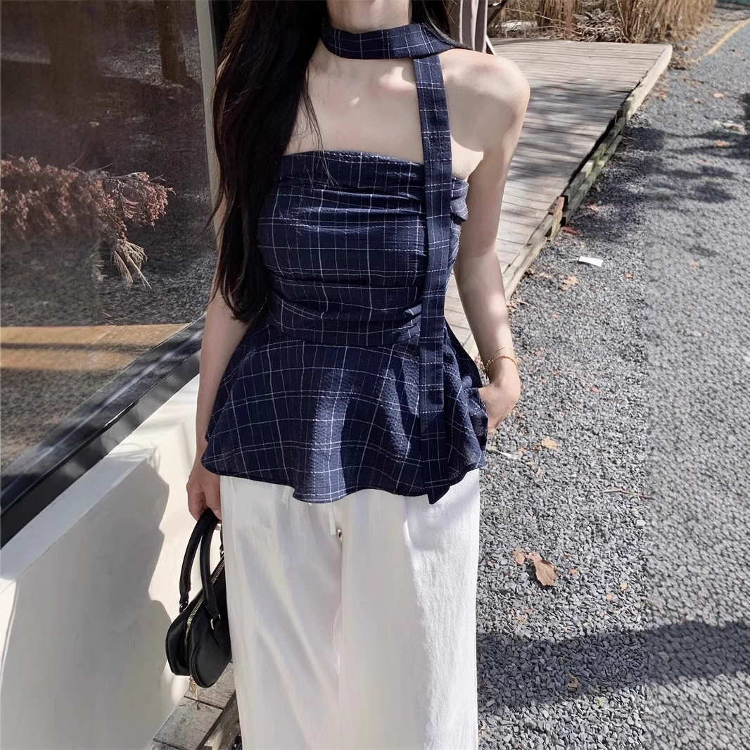 复古撞色辣妹格子抹胸背心女装夏季小众荷叶边修身露肩短款小上衣
