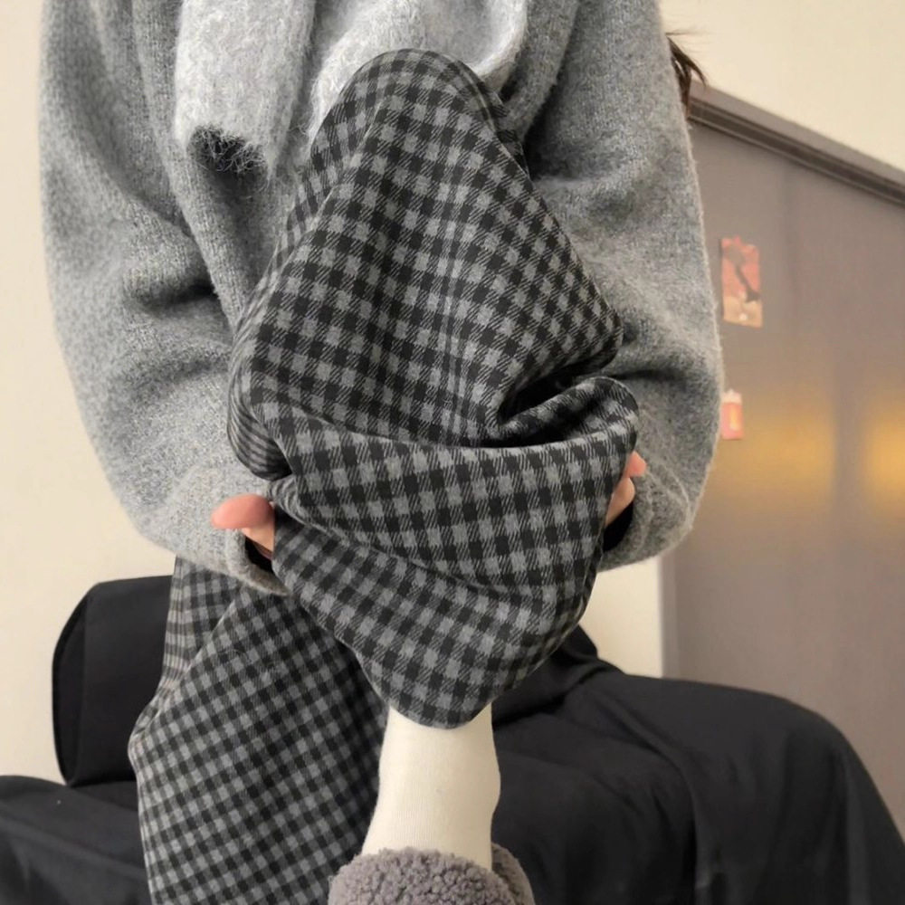 黑灰色加绒格子裤子女秋冬2025新款直筒高腰小个子阔腿裤休闲百搭