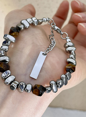 新中式手链ins小众设计复古异形咖色琥珀石拼接手串串珠手饰男女