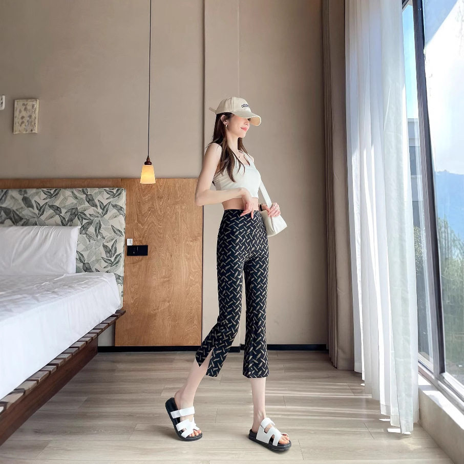 夏季新款八分开叉星空点微喇鲨鱼裤女高腰显瘦春夏薄款修身显