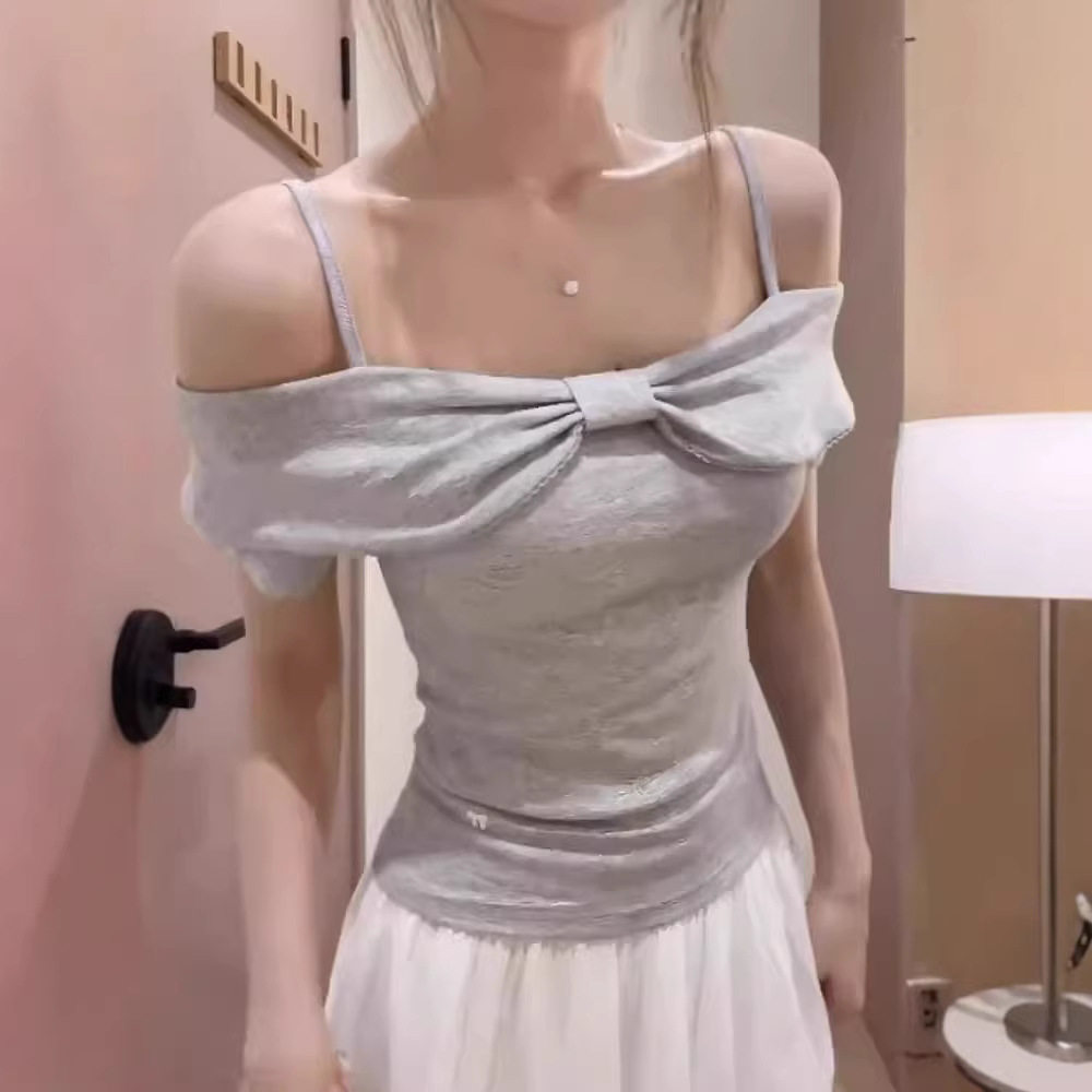 纯欲风粉色蝴蝶结吊带一字肩短袖恤女 夏季小众修身短款露肩上衣