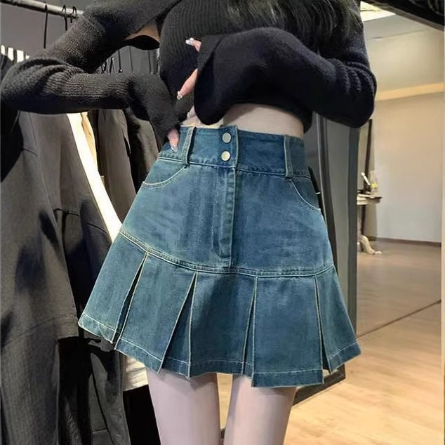 高腰百褶牛仔半身裙女夏季大码胖mm遮肚显瘦设计感a字包臀短裙子