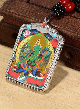 新品西藏黑金唐卡吊坠手绘黄财神观音弥勒佛项链嘎乌盒复古毛衣链