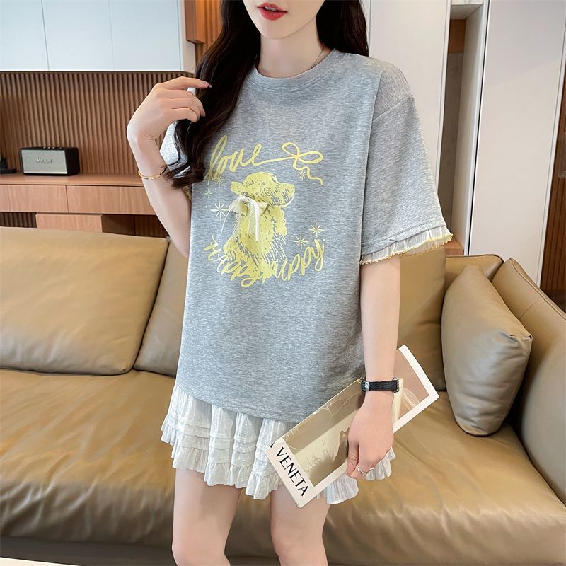 蕾丝边拼接短袖上衣女中长款宽松大码设计感蝴蝶结夏季薄款t恤女