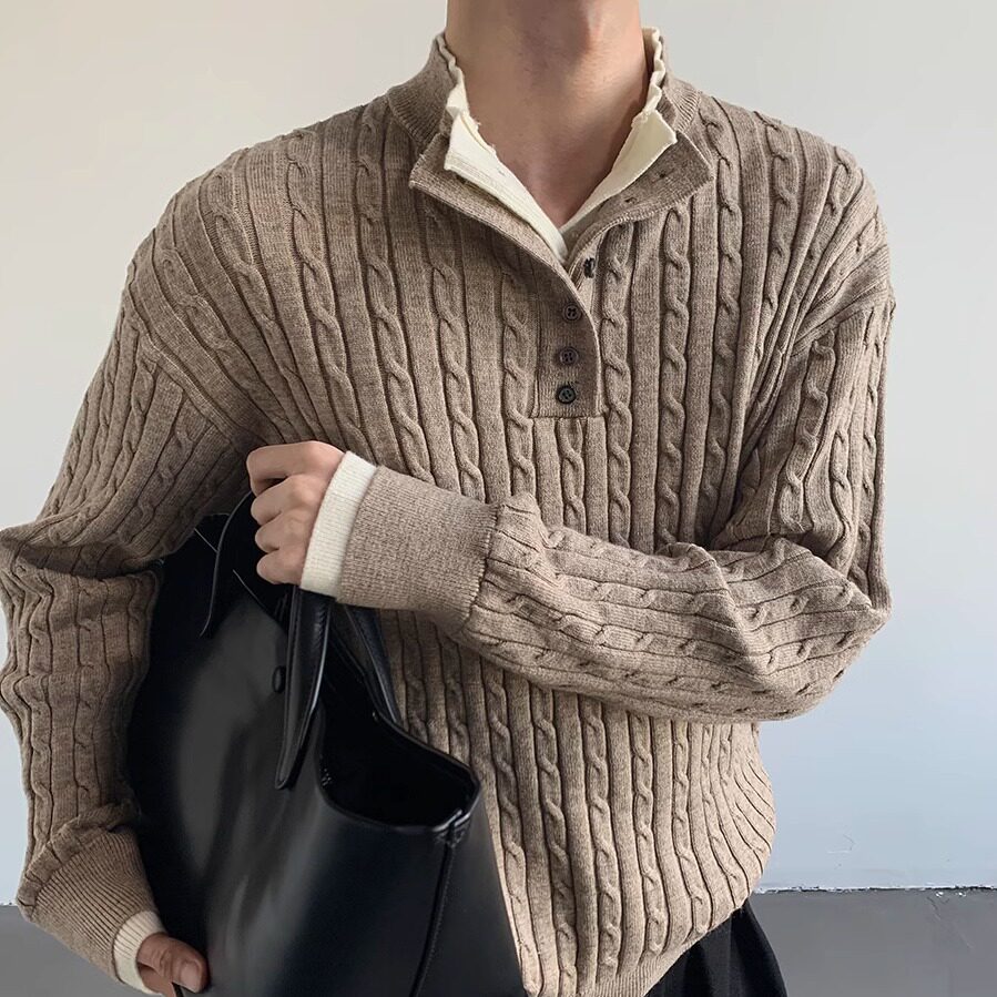 假两件立领拼接麻花设计感毛衣男2025春秋新款休闲百搭针织衫上衣