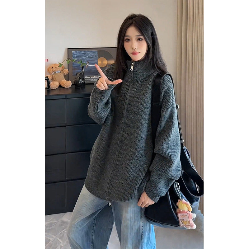 美式复古cleanfit立领毛衣男春秋新款慵懒风针织衫双拉链外套上衣