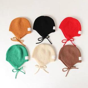 韩版儿童系绳毛线帽子时尚秋冬亮色系贴标可爱百搭圆顶针织护耳帽