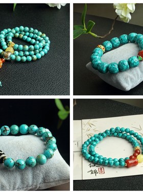 DIY松石手链乌兰花网花松圆珠老型珠 景泰蓝加南红玛瑙尼泊尔风