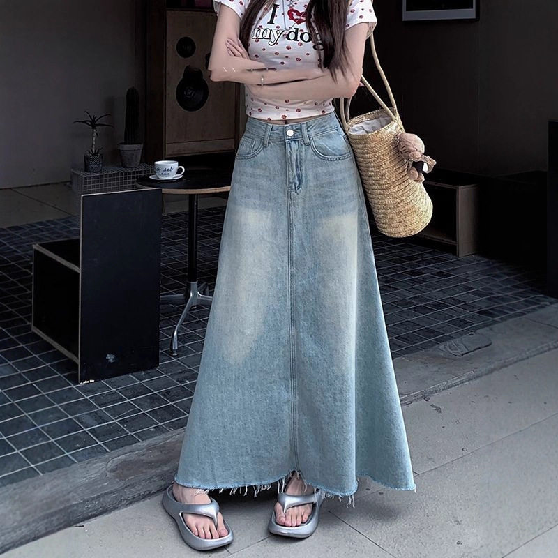 休闲牛仔半身裙女春夏新款毛边宽松大摆裙子高腰百搭a字牛仔长裙