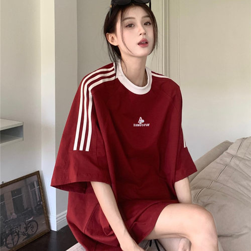美式复古白色三条杠短袖t恤女宽松夏季新款小众设计感上衣女