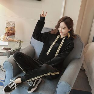 居家休闲跑步运动服套装女冬季外穿连帽加绒加厚金丝绒卫衣两件套