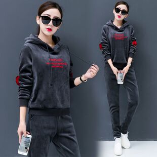 休闲运动套装女秋冬季加绒加厚保暖卫衣金丝绒睡衣两件套家居服女