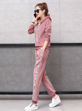 时尚运动休闲卫衣女冬加绒加厚连帽两件套睡衣睡裤居家金丝绒套装