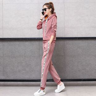 时尚运动休闲卫衣女冬加绒加厚连帽两件套睡衣睡裤居家金丝绒套装