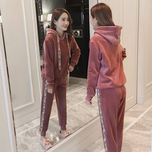 金丝绒两件套2024秋冬季卫衣加绒加厚双面绒休闲时尚运动服套装女