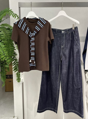 MM2026春新款休闲时尚圆领披肩咖啡短袖针织T恤女上衣【不含裤子