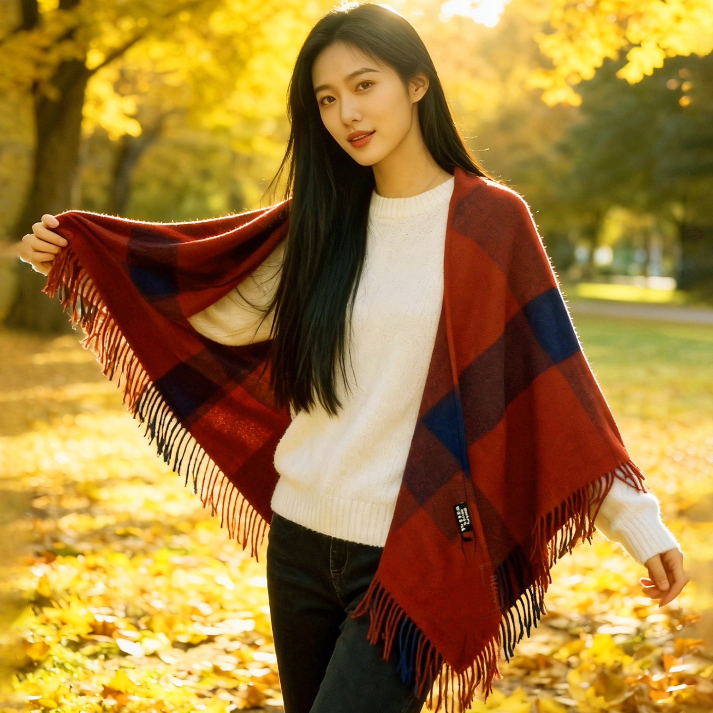 rjcc跨境欧美保暖披肩女士秋冬三角巾包边格子加大加厚围巾