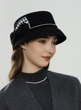 羊毛冬天帽子秋冬季新款保暖女士帽子蝴蝶结显脸小时尚渔夫帽