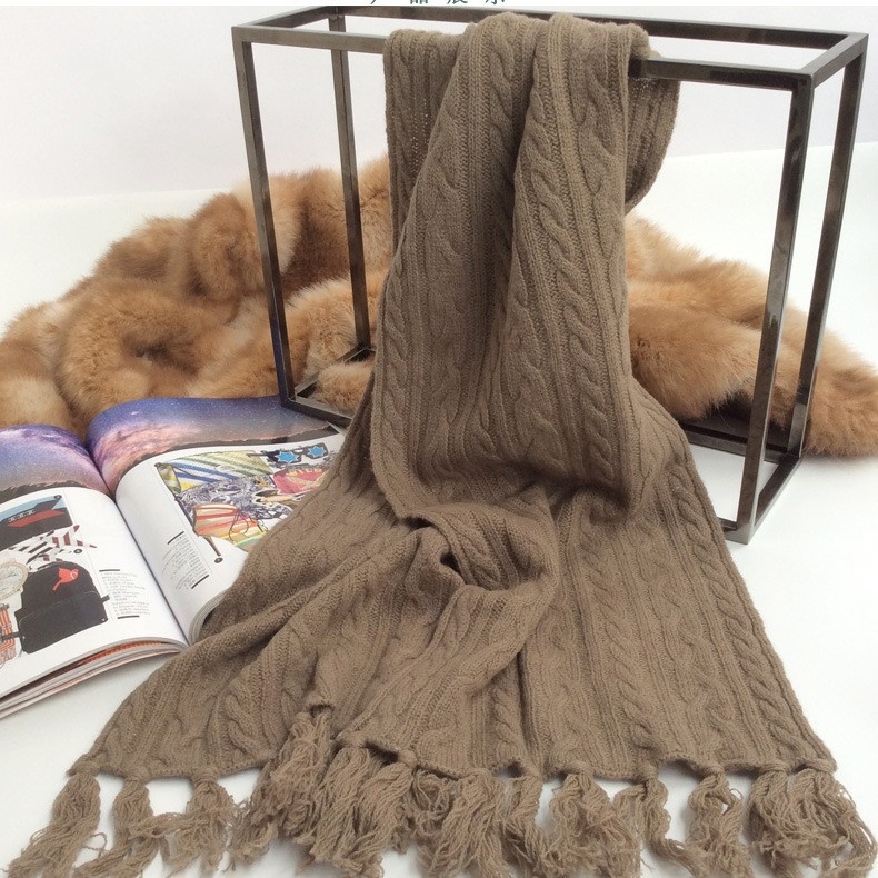 rjcc跨境羊羔毛机织扭花毛线针织手工长流苏女士围巾咖色披肩