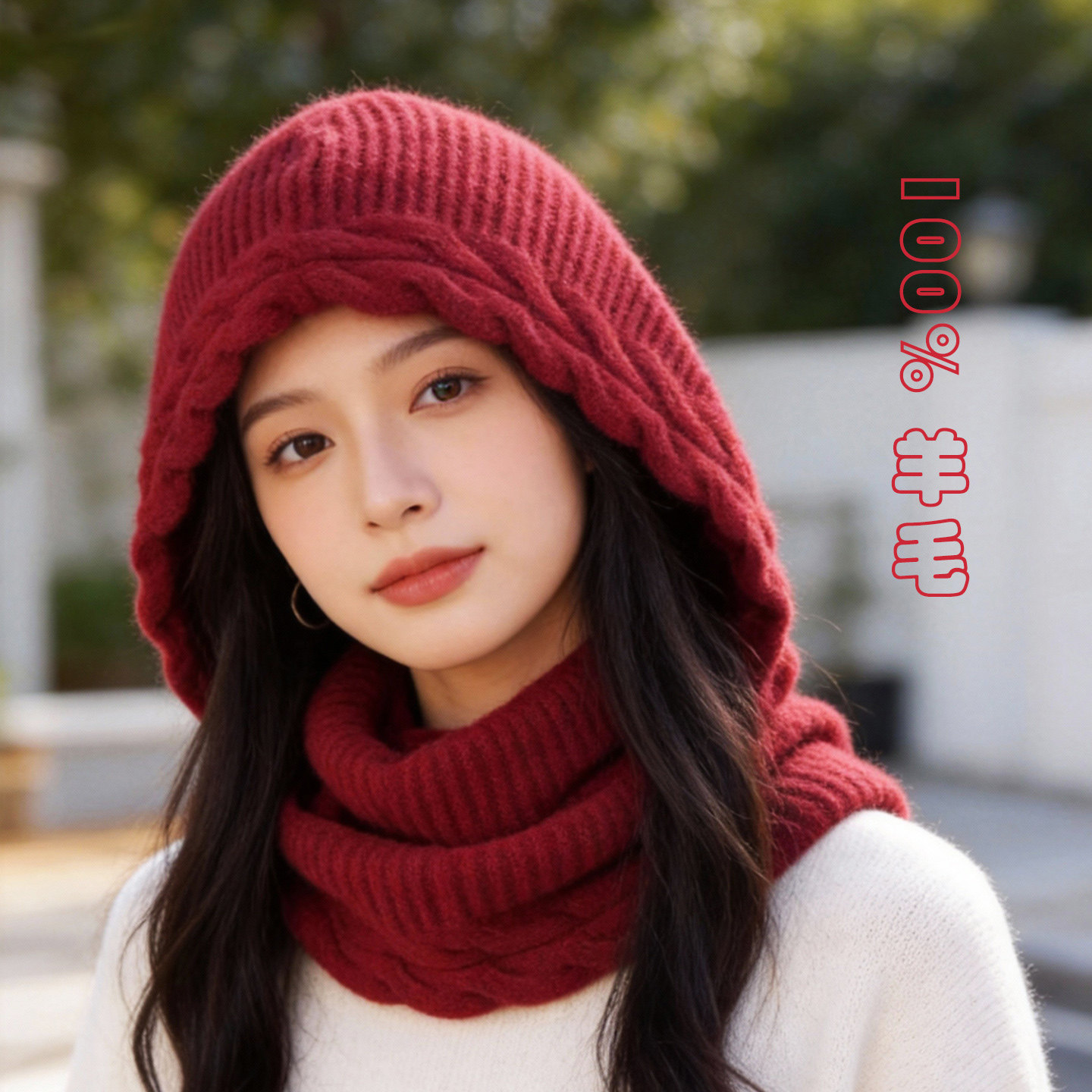 外贸欧美单100%羊毛麻花连帽围巾帽子针织加厚保暖围脖帽子亲肤