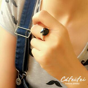 高级感欧美方形黑玛瑙宝石水晶闪钻中食指指环个性复古人气戒指女