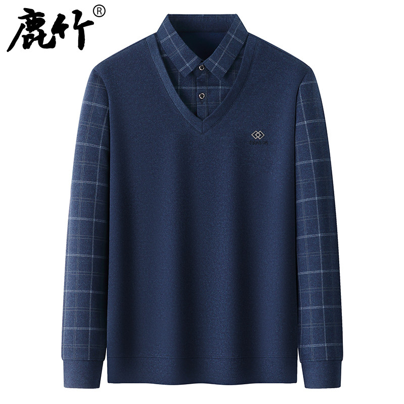 爸爸春装假两件长袖t恤2026新款中年男士休闲打底衫中老年人上衣