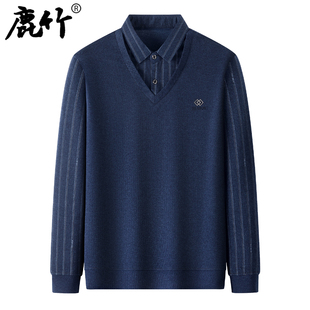 条纹上衣中老年人POLO衫 爸爸春装 中年男士 t恤2026新款 假两件长袖