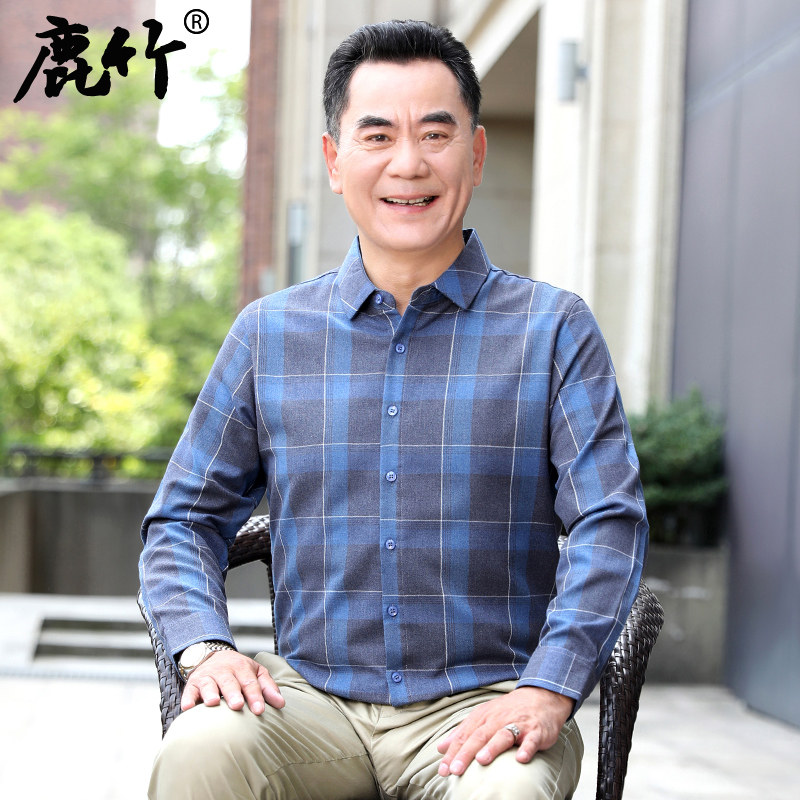 爸爸春装格子衬衫长袖40岁50中年男士春秋季休闲上衣中老年人衬衣
