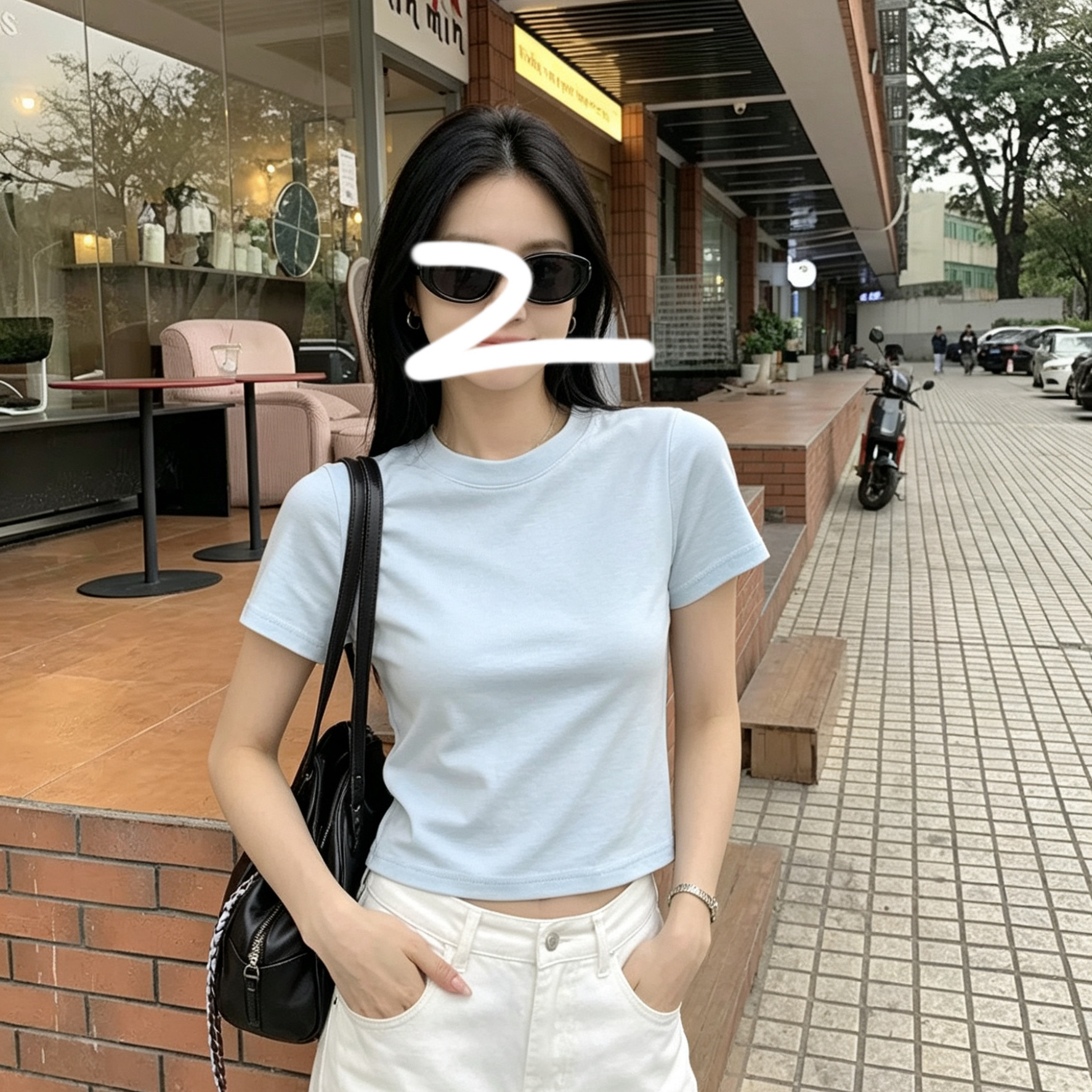 显瘦穿搭小个子蓝色短款短袖t恤百搭减龄150cm简约圆领上衣体恤女