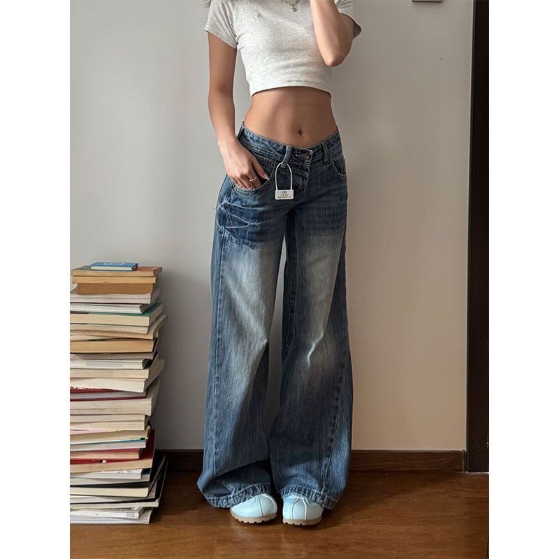 小个子美式复古阔腿微喇牛仔裤145cm低腰宽松显瘦直筒拖地裤XS女