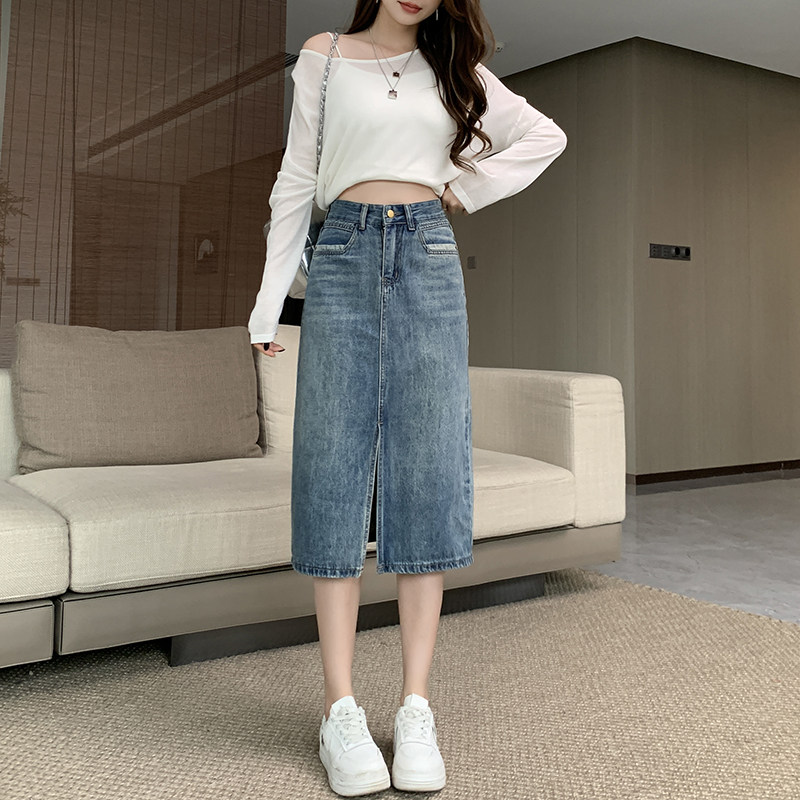 显高穿搭矮小个子145cm高腰开叉牛仔半身裙中长款遮胯a字包臀裙女