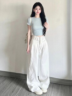 150小个子裤子白色阔腿牛仔裤女夏季薄款设计感高腰显瘦直筒裤xs