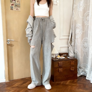 矮小个子抽绳破洞休闲裤垂感显高150高腰阔腿拖地运动八分九分裤