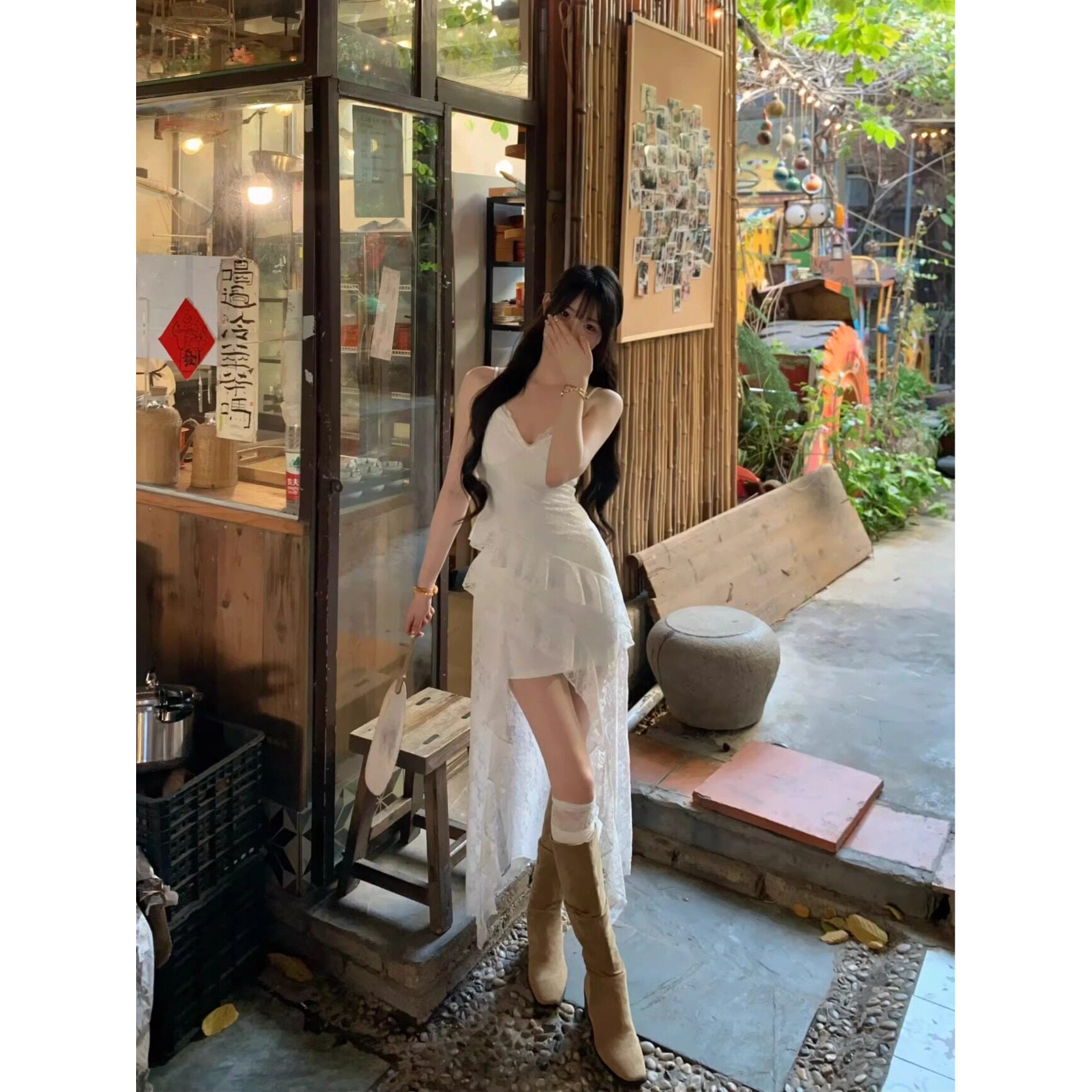 150CM法式白色不规则蕾丝吊带连衣裙海边度假收腰显瘦开叉长裙XS