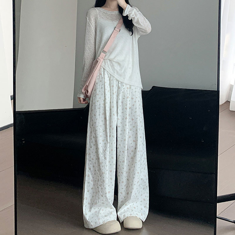 矮小个子白色碎花山本休闲裤减龄显瘦150CM宽松直筒阔腿拖地裤XXS