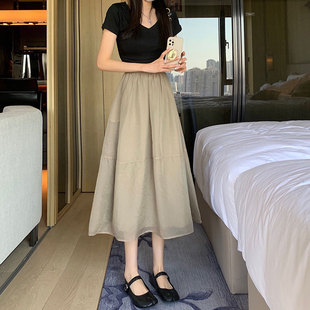 蓬蓬裙XS 小个子棕色纱裙半身裙150CM高腰a字大摆裙中长款 夏季 新款