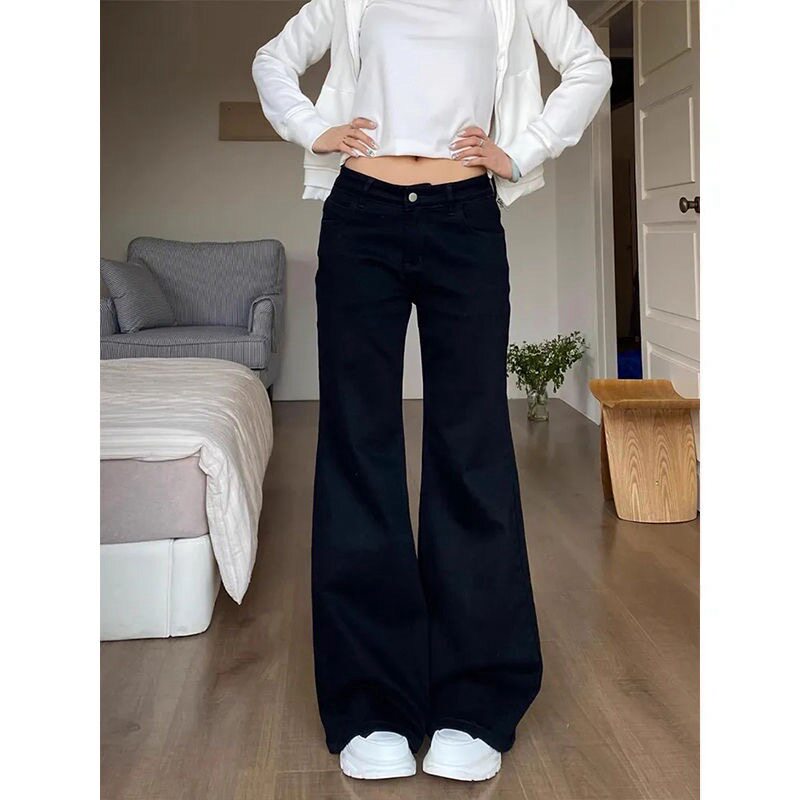 小个子美式辣妹黑色微喇阔腿牛仔裤145CM低腰宽松显瘦喇叭拖地裤