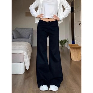 小个子美式辣妹黑色微喇阔腿牛仔裤145CM低腰宽松显瘦喇叭拖地裤