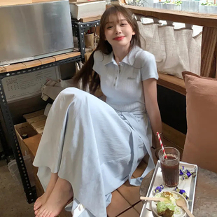 小矮个子150cm设计感独特气质polo领短袖拼接蓝色连衣裙长裙xs夏