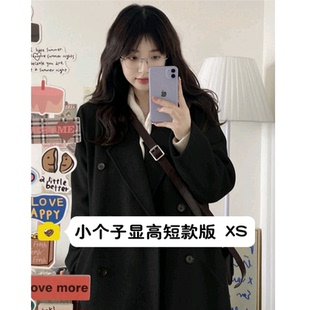 夹棉呢子大衣xs 小个子150cm黑色正肩毛呢外套女高级感赫本风长款