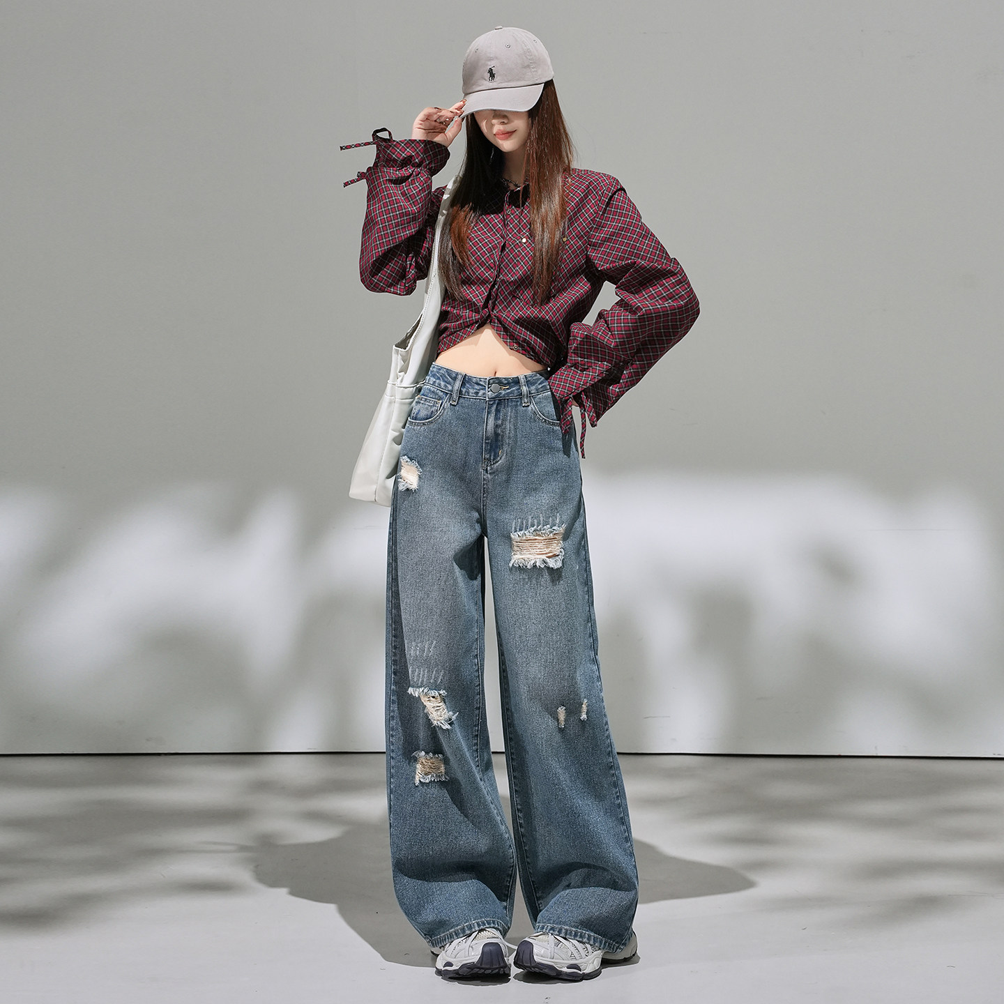 小个子复古蓝牛仔破洞直筒裤百搭显瘦150高腰宽松阔腿裤九分长裤