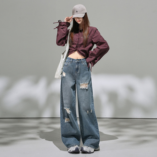 小个子复古蓝牛仔破洞直筒裤百搭显瘦150高腰宽松阔腿裤九分长裤