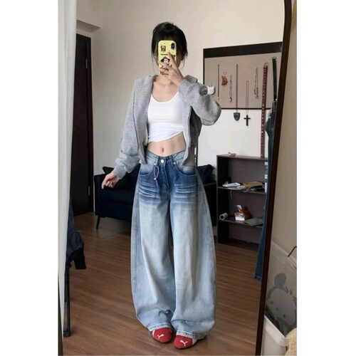 小个子美式浅蓝色弯刀牛仔裤150cm低腰宽松显瘦阔腿拖地镰刀裤XS