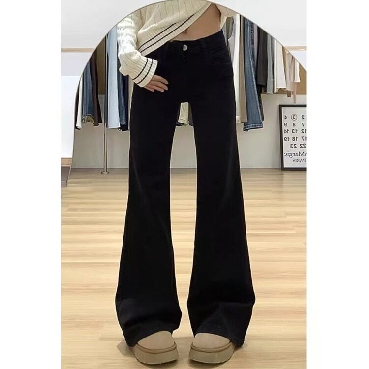 小个子美式辣妹黑色微喇牛仔裤显高150低腰宽松显瘦喇叭阔腿长裤